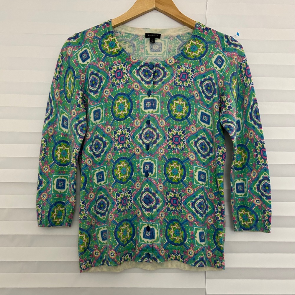 Talbots Womens Cardigan Sweater Medium Green Blue Pink Geometric 3/4 Sleeve Knit
